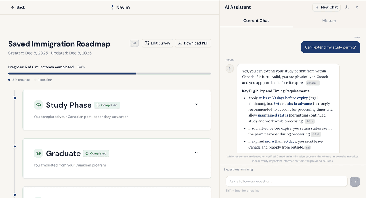Navim app showing an immigration roadmap with completed milestones and the AI assistant answering a question about extending a study permit